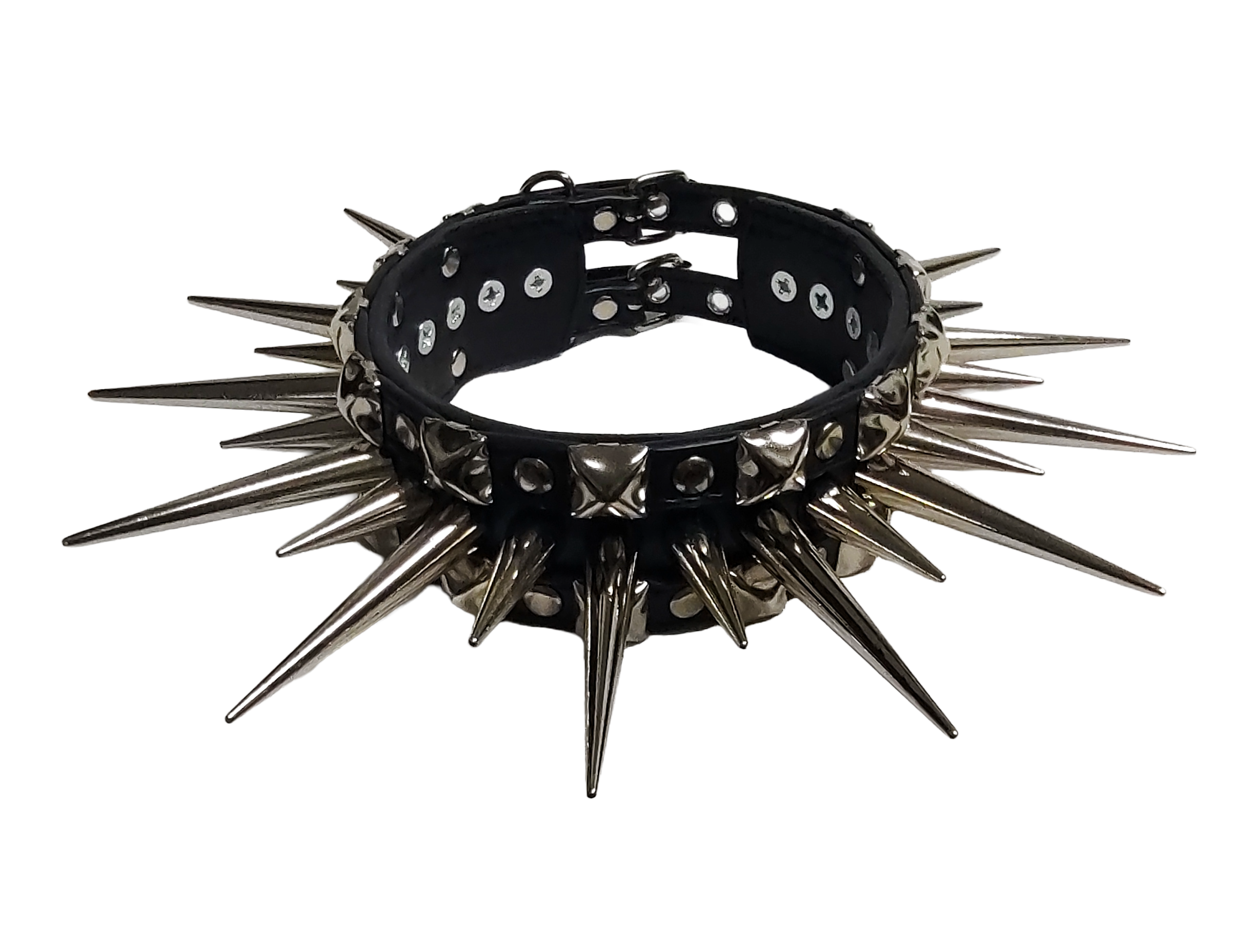 Wide faux leather long spiked and studded collar top front view