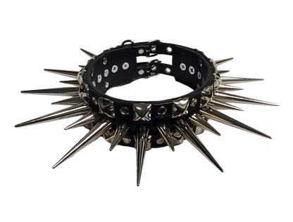 Wide faux leather long spiked and studded collar top front view