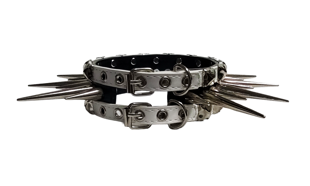 Black and white faux leather wide long spiked and studded collar back view