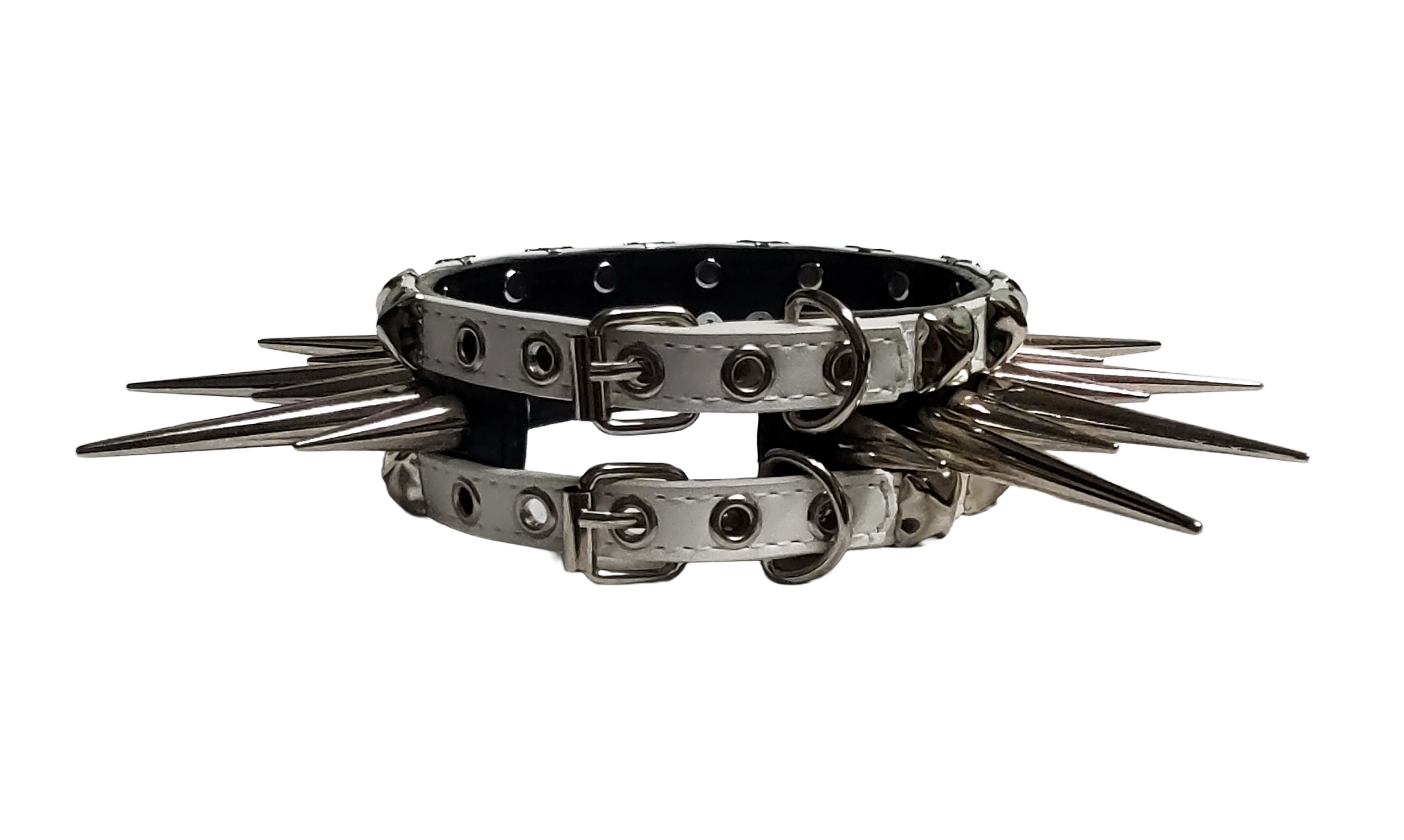 Black and white faux leather wide long spiked and studded collar back view