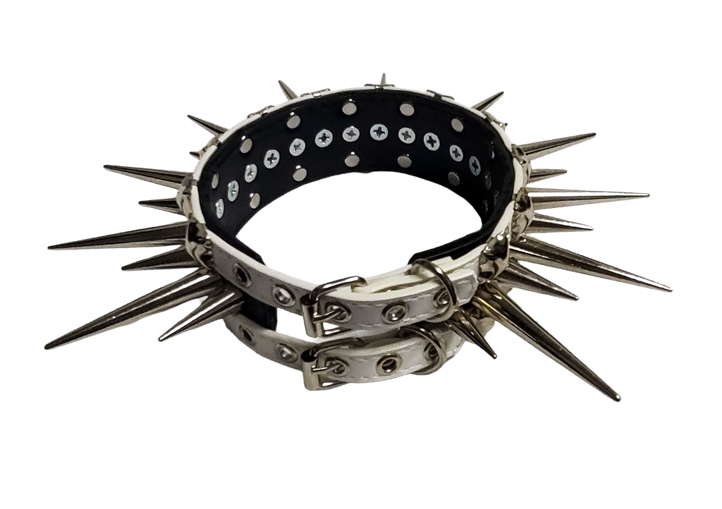Black and white faux leather wide long spiked and studded collar back top view