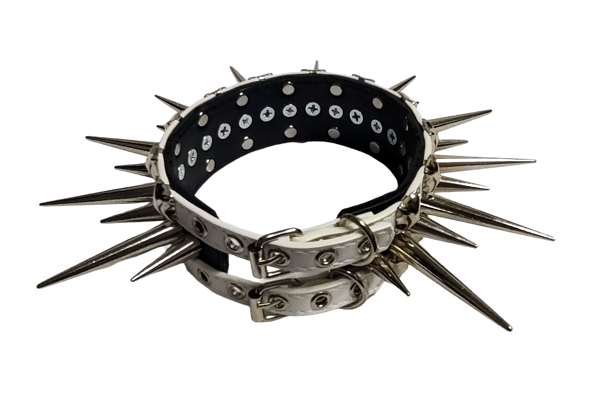 Black and white faux leather wide long spiked and studded collar back top view