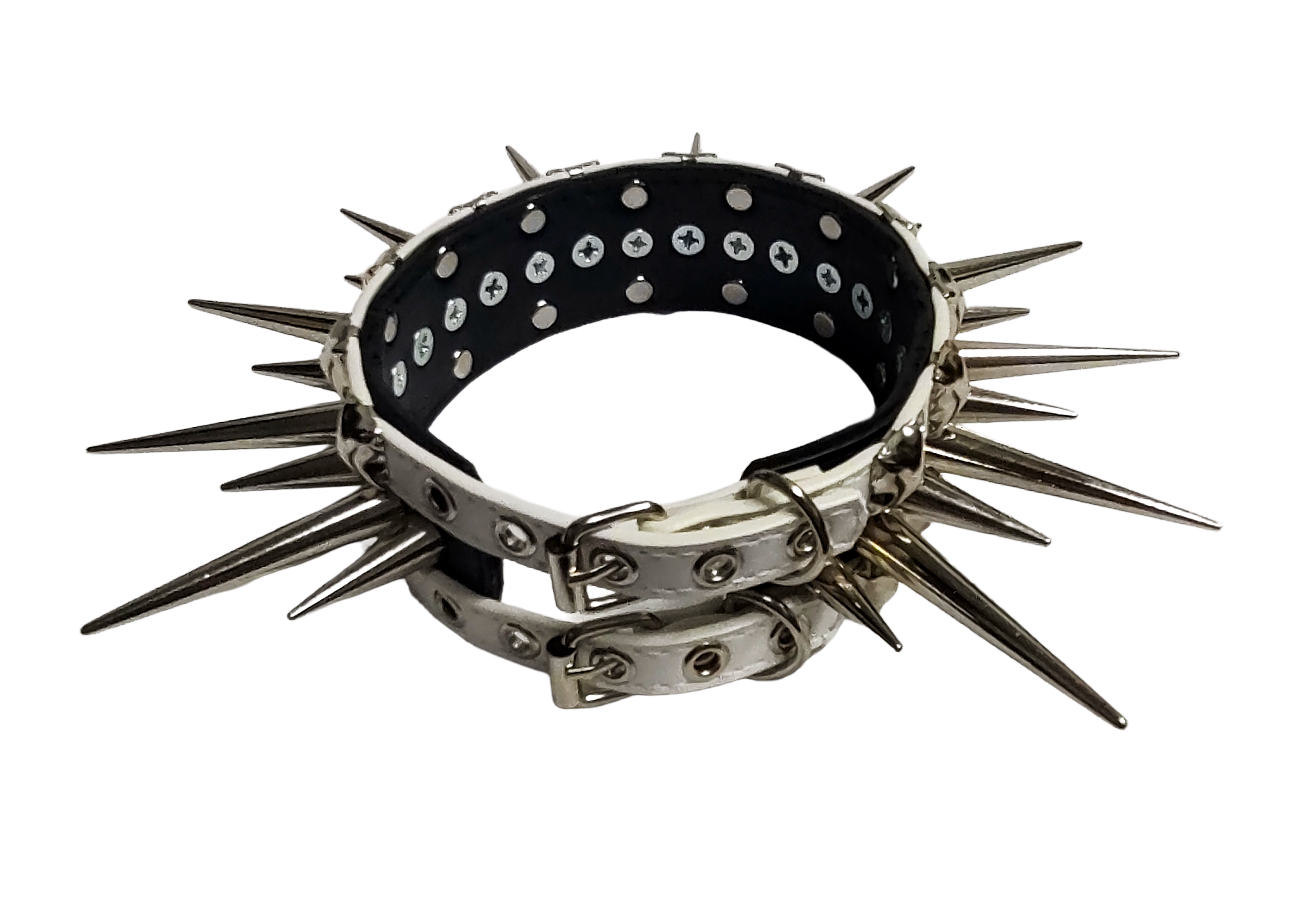 Black and white faux leather wide long spiked and studded collar back top view