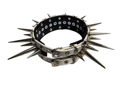 Black and white faux leather wide long spiked and studded collar back top view