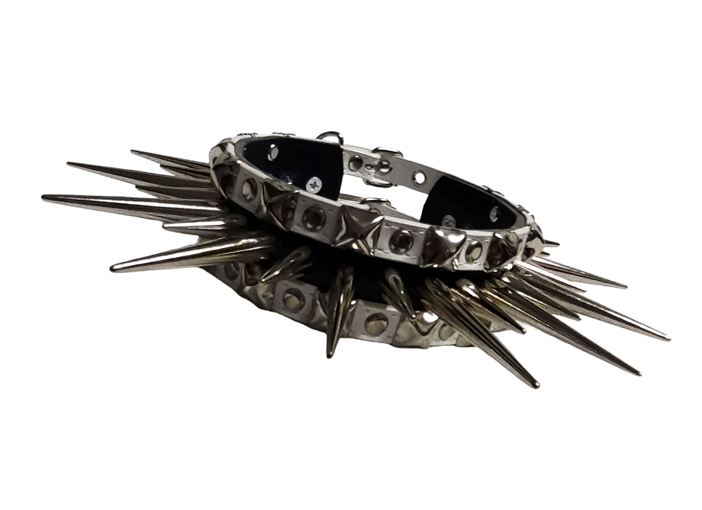 Black and white faux leather wide long spiked and studded collar front view