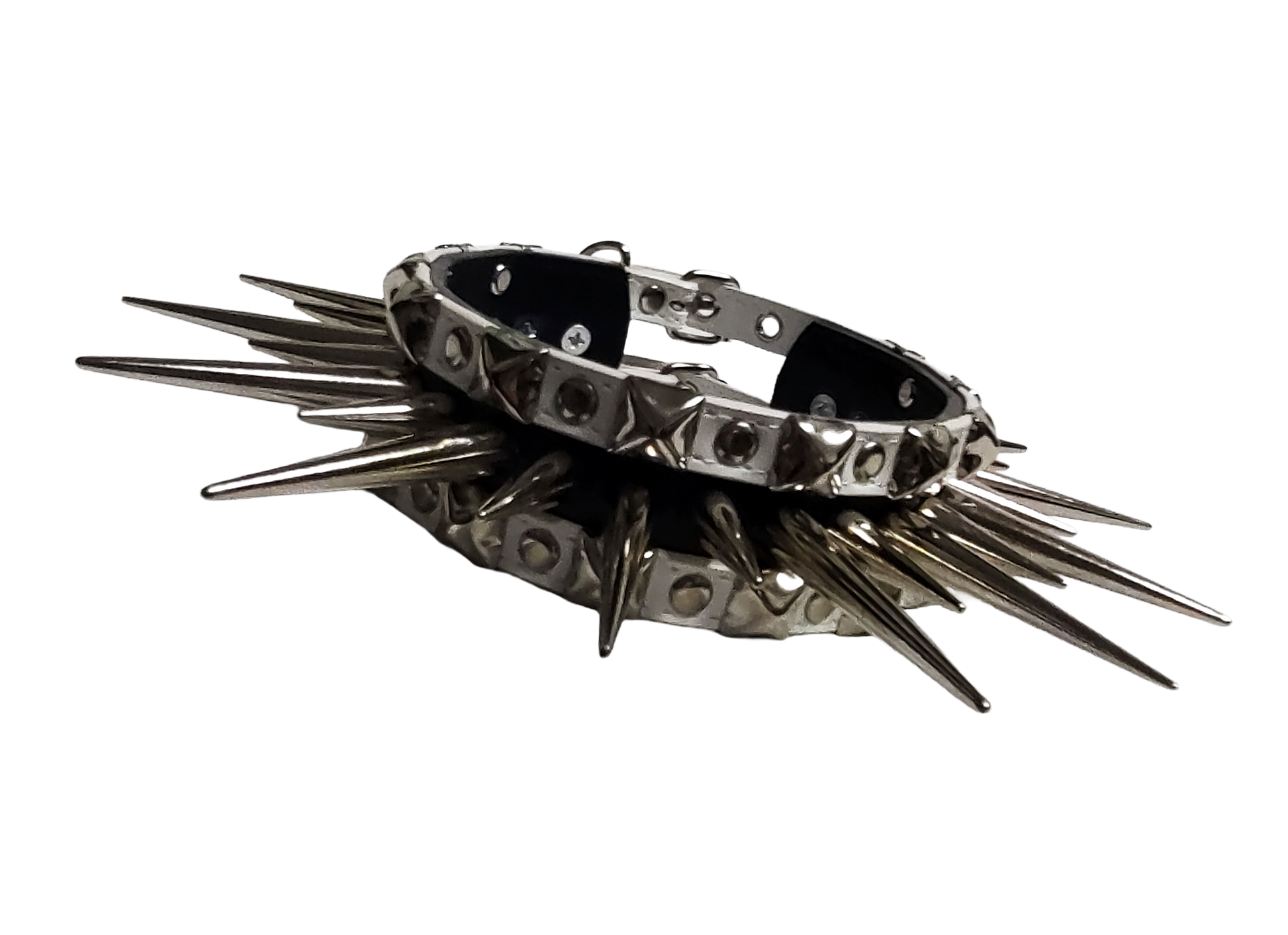 Black and white faux leather wide long spiked and studded collar front view