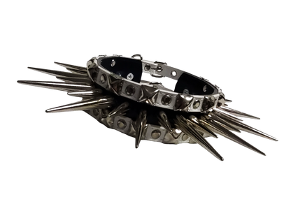 Black and white faux leather wide long spiked and studded collar front view