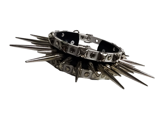 Black and white faux leather wide long spiked and studded collar front view