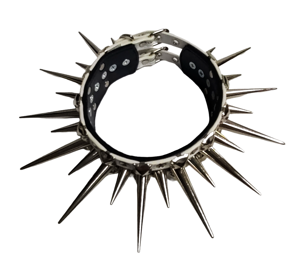 Black and white faux leather wide long spiked and studded collar top view