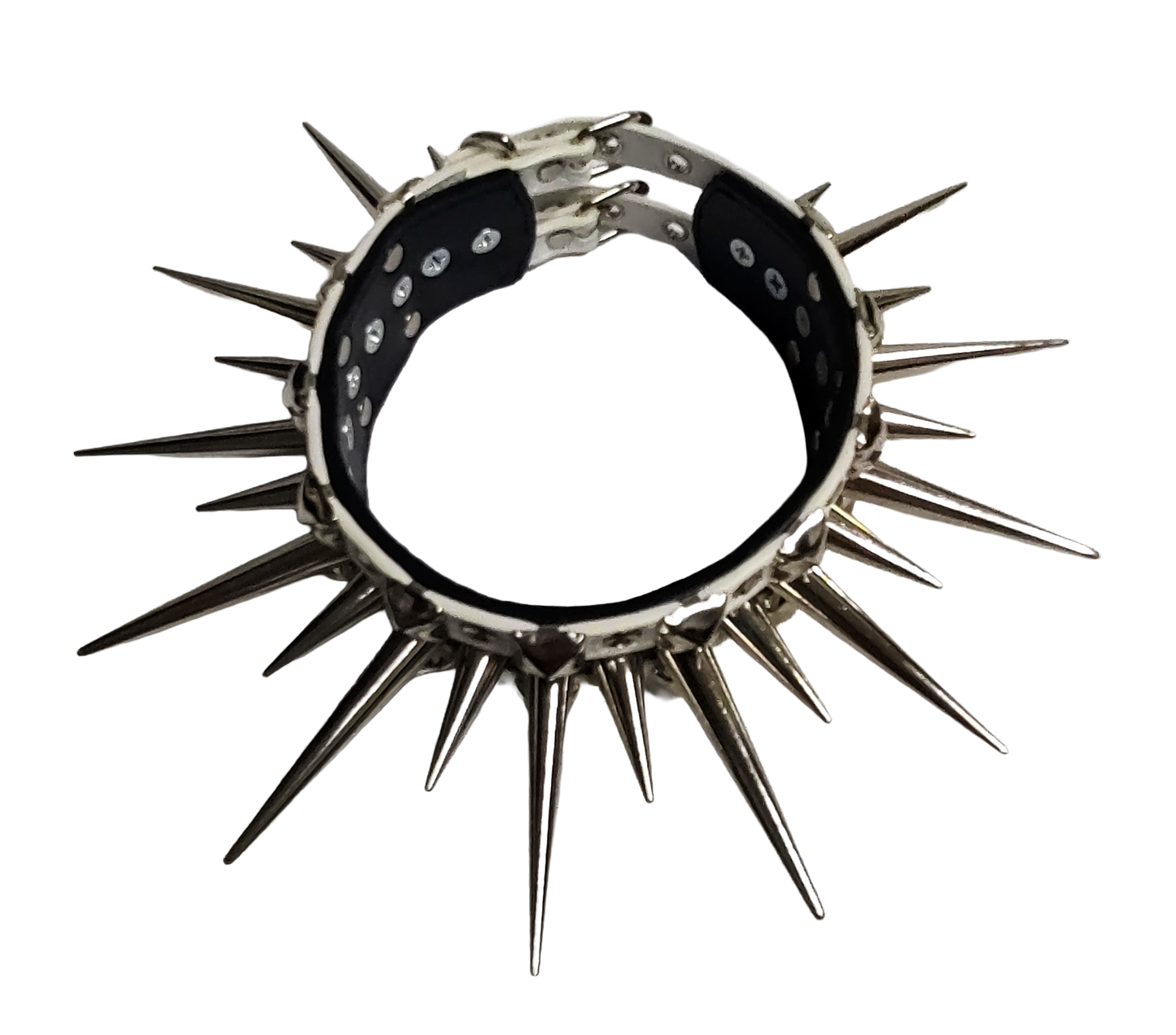 Black and white faux leather wide long spiked and studded collar top view