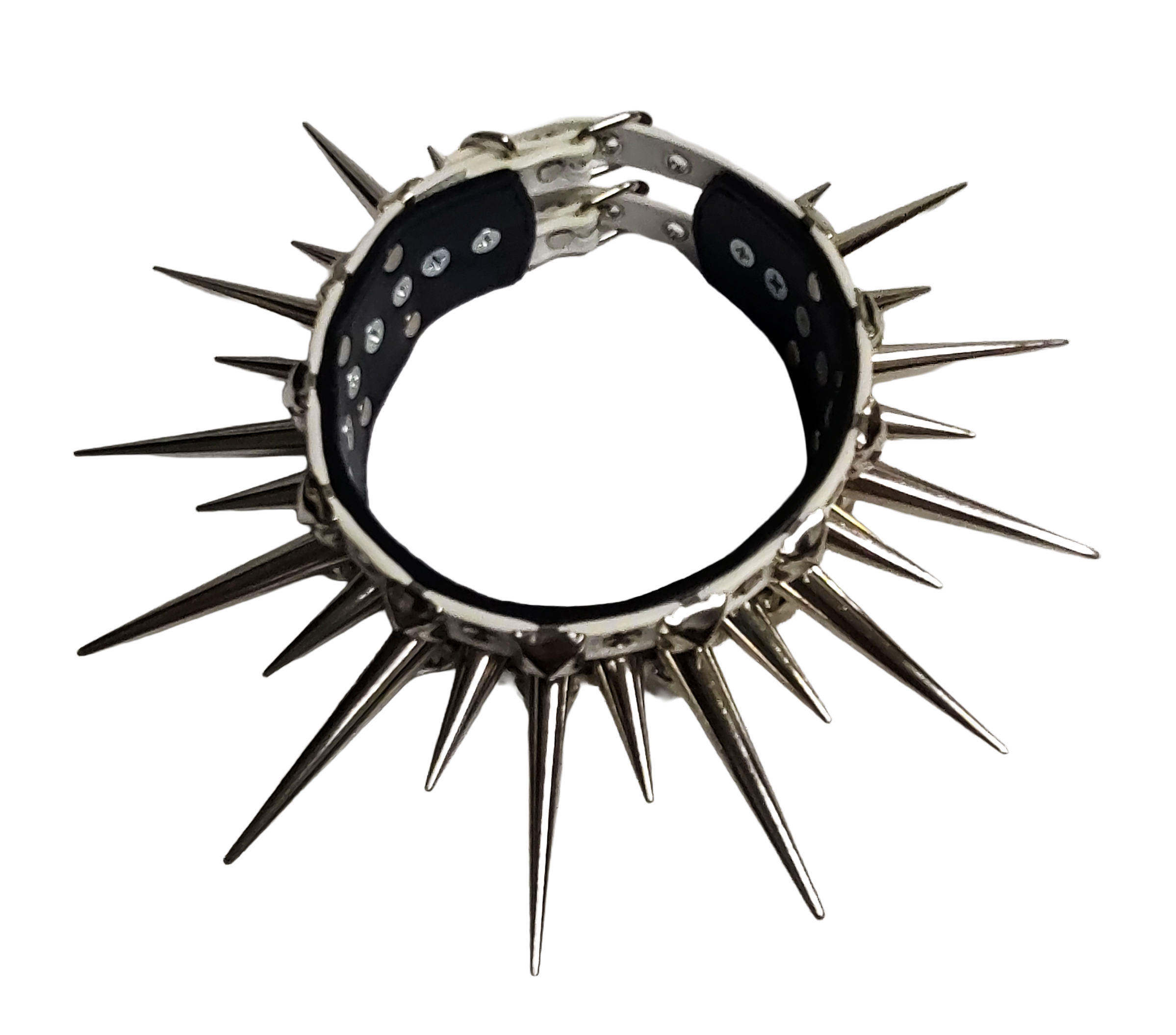 Black and white faux leather wide long spiked and studded collar top view