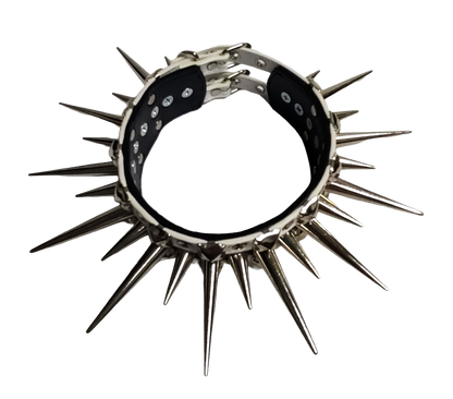 Black and white faux leather wide long spiked and studded collar top view