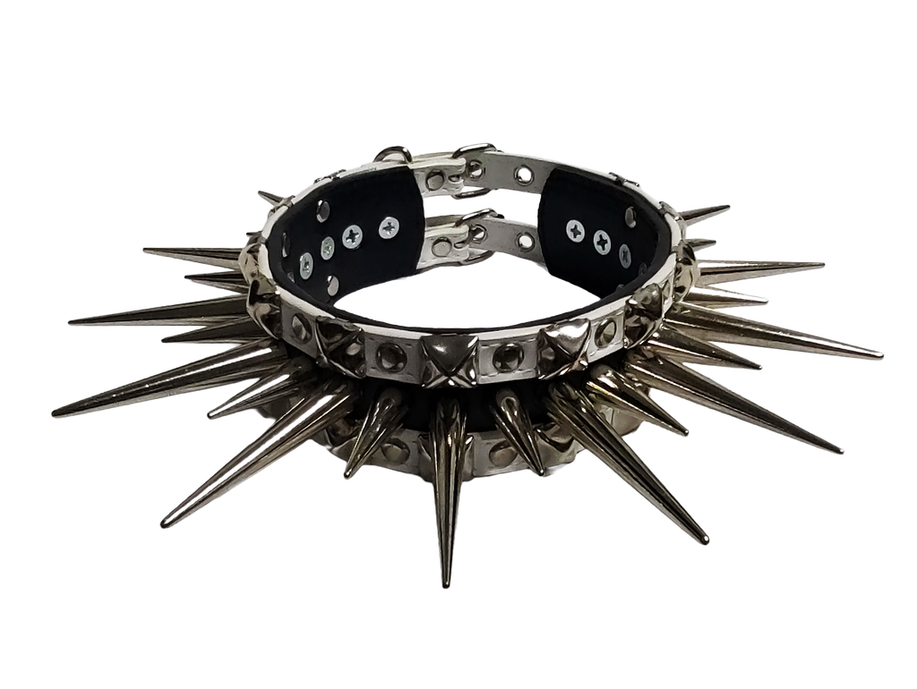 Black and white faux leather wide long spiked and studded collar front top view