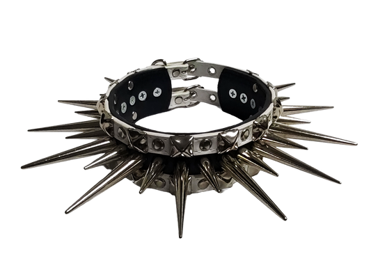 Black and white faux leather wide long spiked and studded collar front top view