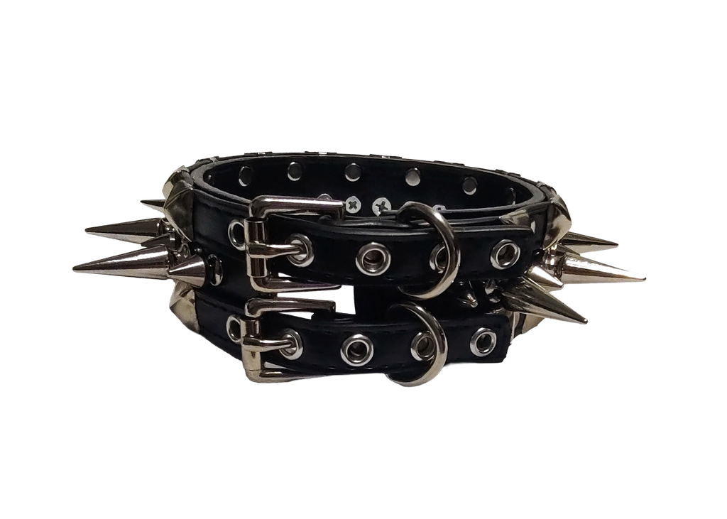 Black faux leather collar with alternating spikes and pyramid studs back view