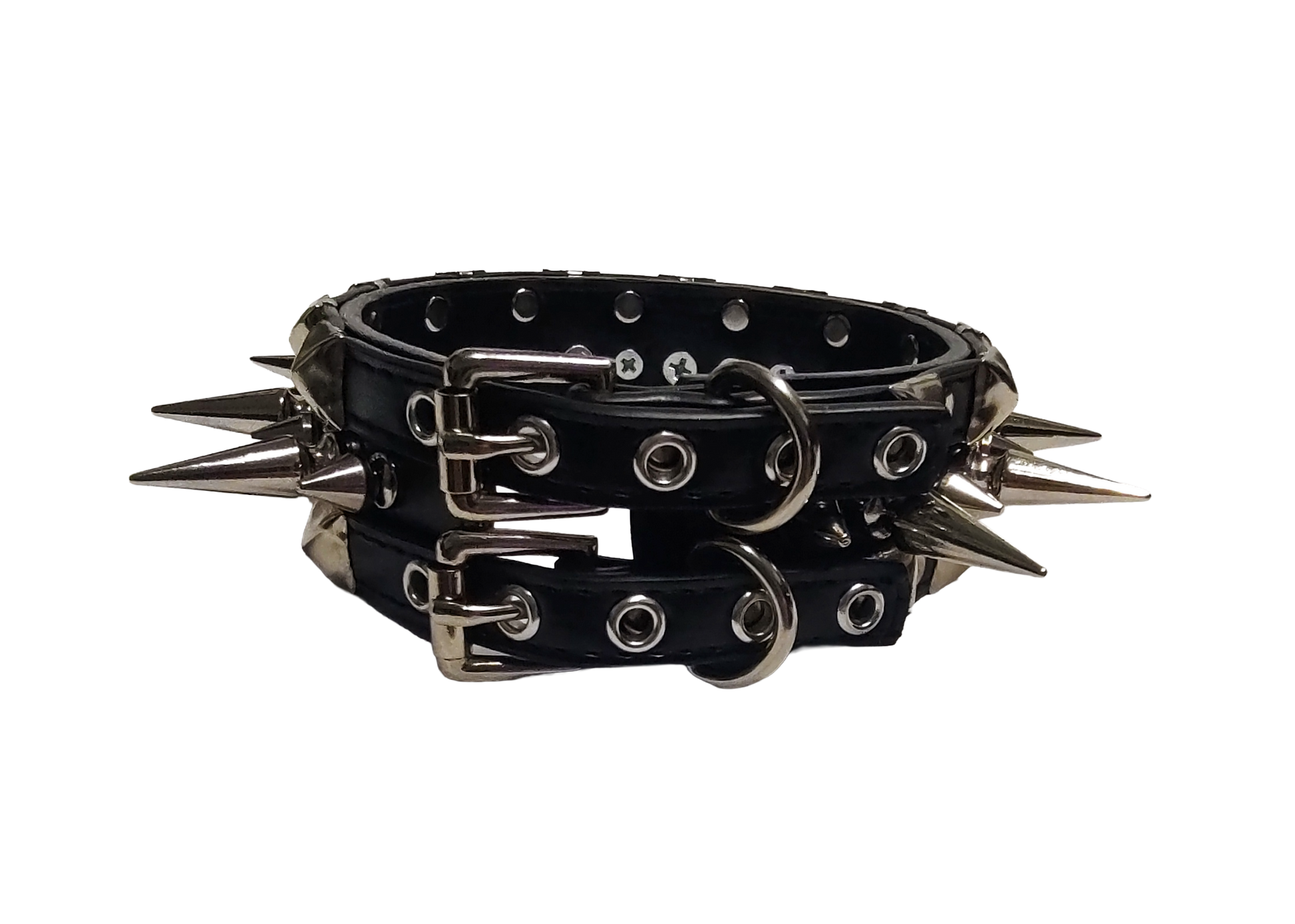 Black faux leather collar with alternating spikes and pyramid studs back view