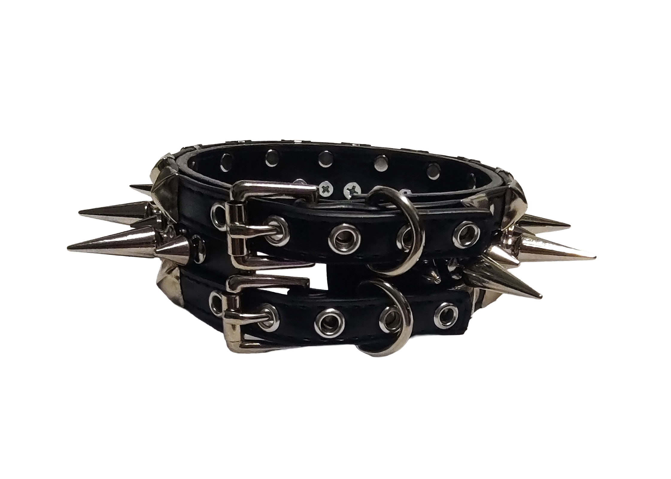 Black faux leather collar with alternating spikes and pyramid studs back view