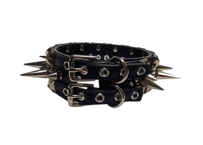 Black faux leather collar with alternating spikes and pyramid studs back view