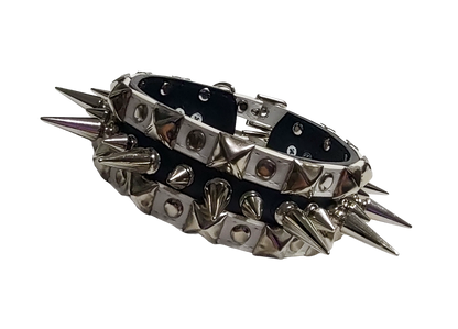 Black and white faux leather collar with alternating spikes and pyramid studs front view