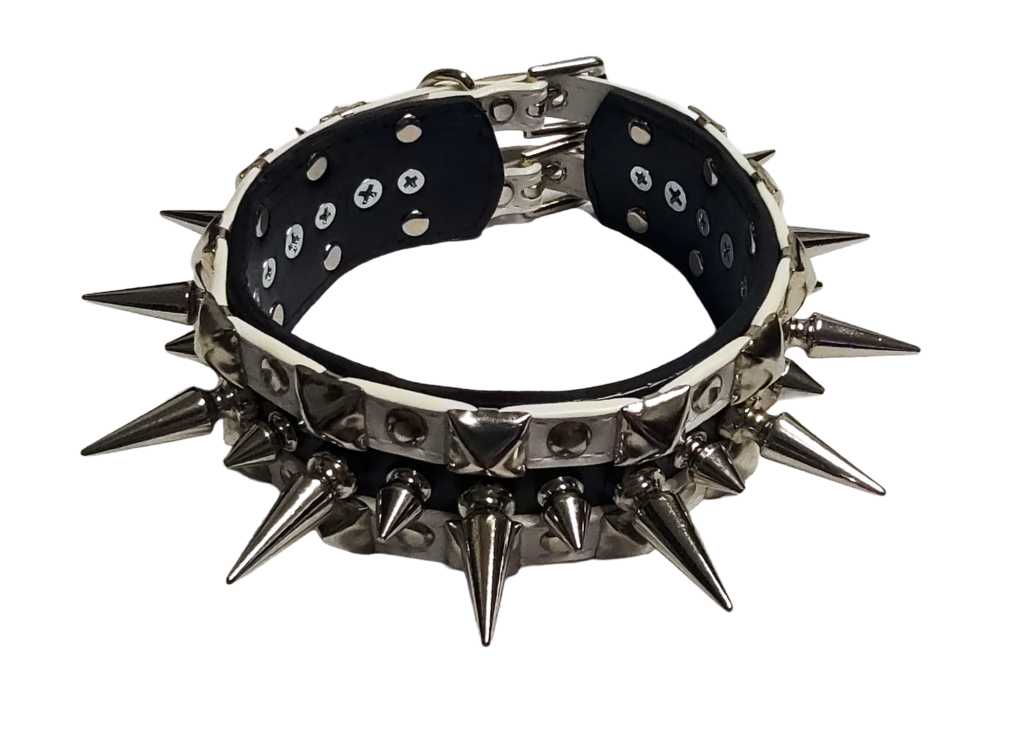 Black and white faux leather collar with alternating spikes and pyramid studs front top view