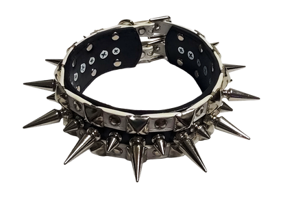 Black and white faux leather collar with alternating spikes and pyramid studs front top view