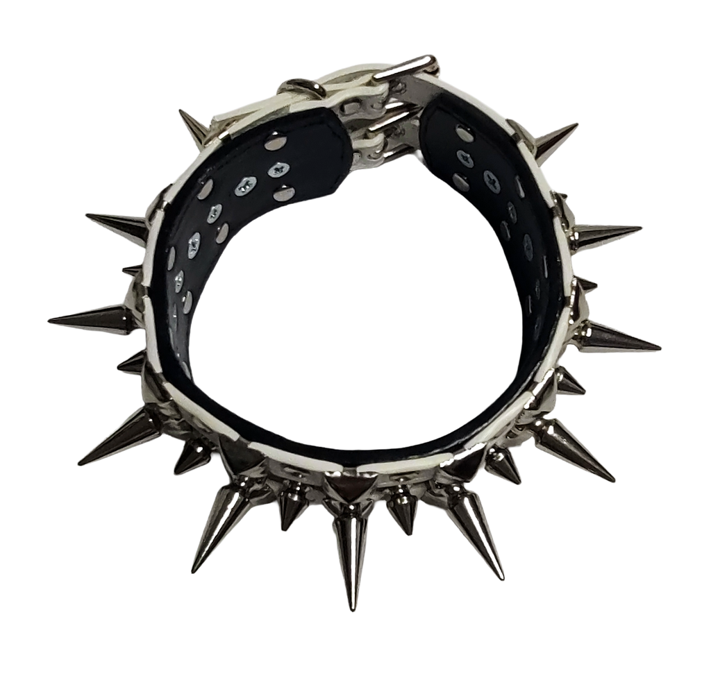 Black and white faux leather collar with alternating spikes and pyramid studs top view