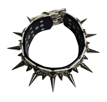 Black and white faux leather collar with alternating spikes and pyramid studs top view