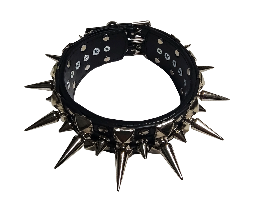 Black faux leather collar with alternating spikes and pyramid studs top front view
