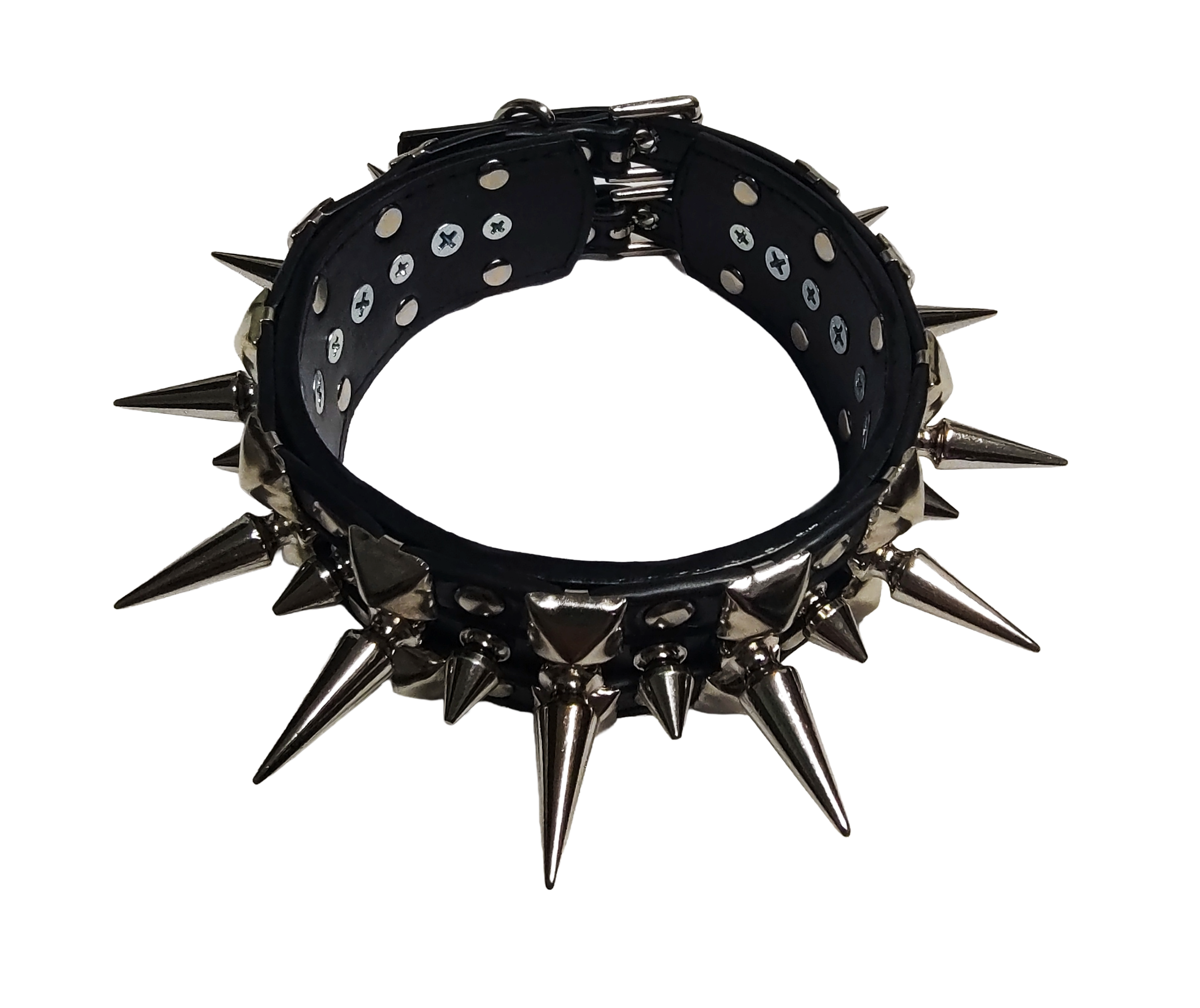 Black faux leather collar with alternating spikes and pyramid studs top front view