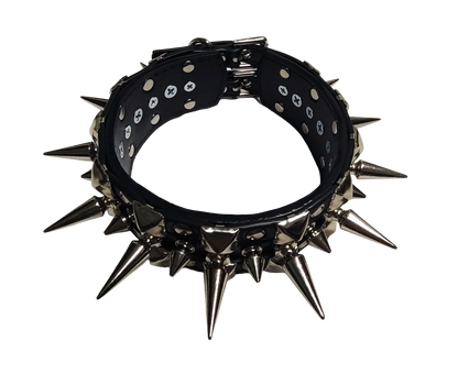 Black faux leather collar with alternating spikes and pyramid studs top front view