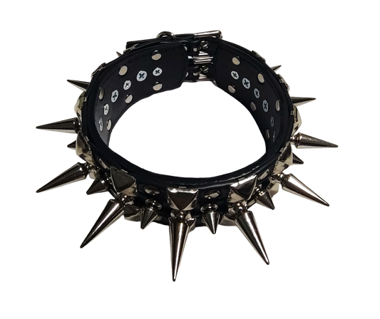 Black faux leather collar with alternating spikes and pyramid studs top front view