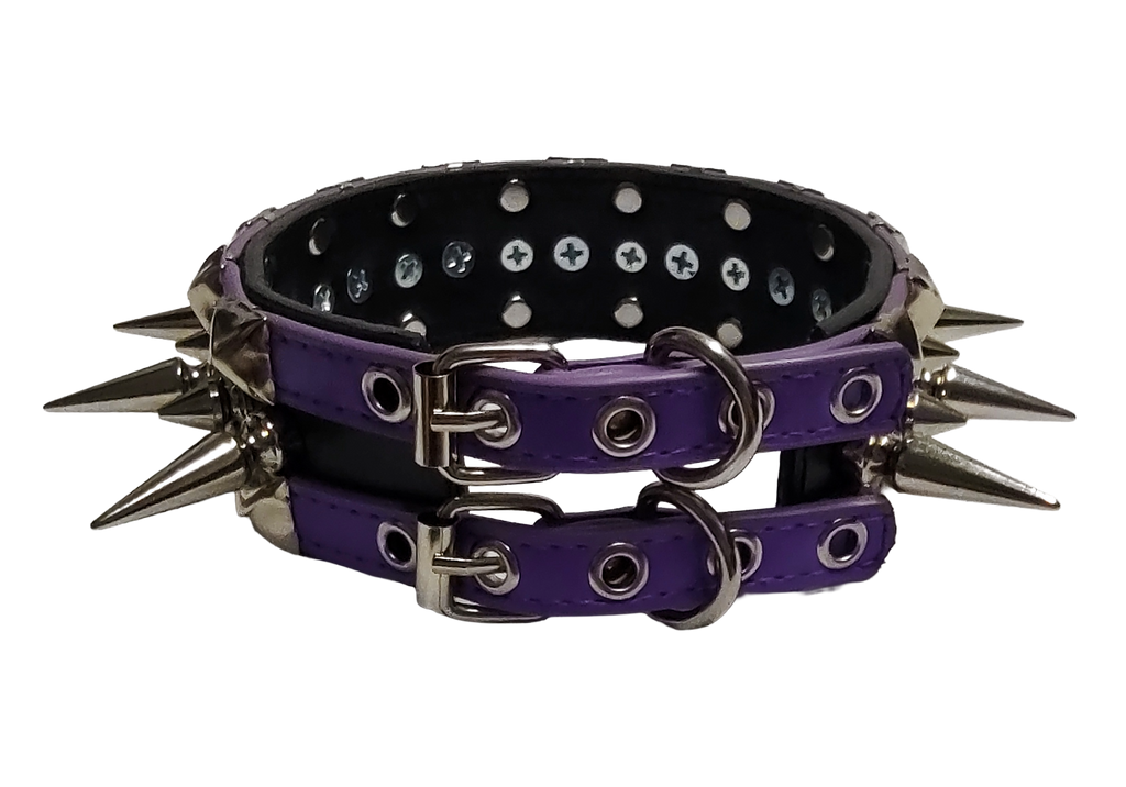 Purple and black faux leather wide alternating spike and pyramid studded collar back view
