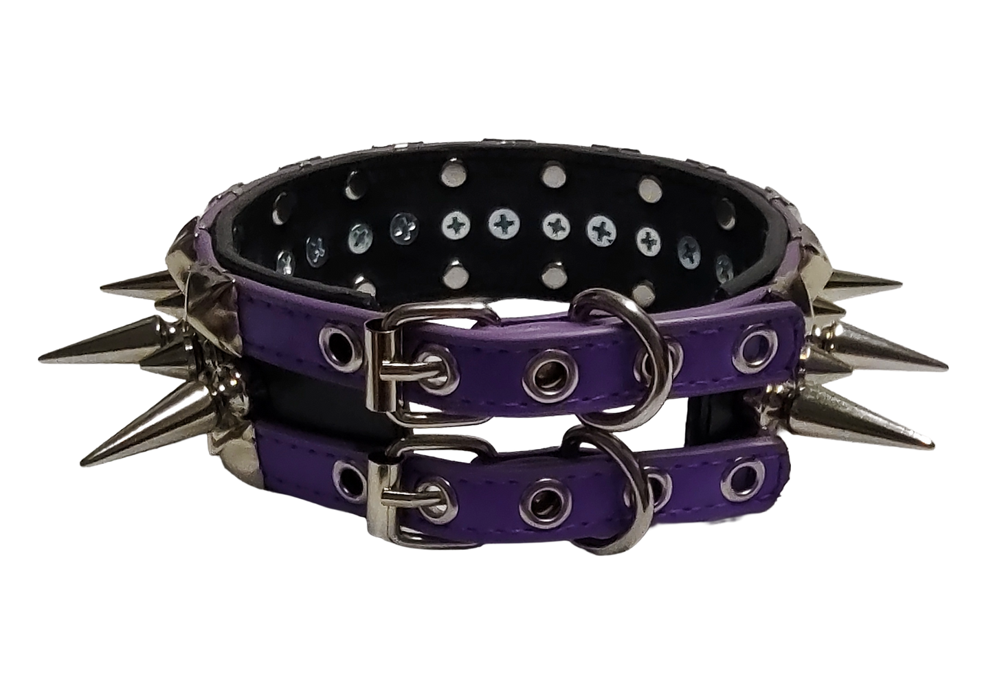 Purple and black faux leather wide alternating spike and pyramid studded collar back view
