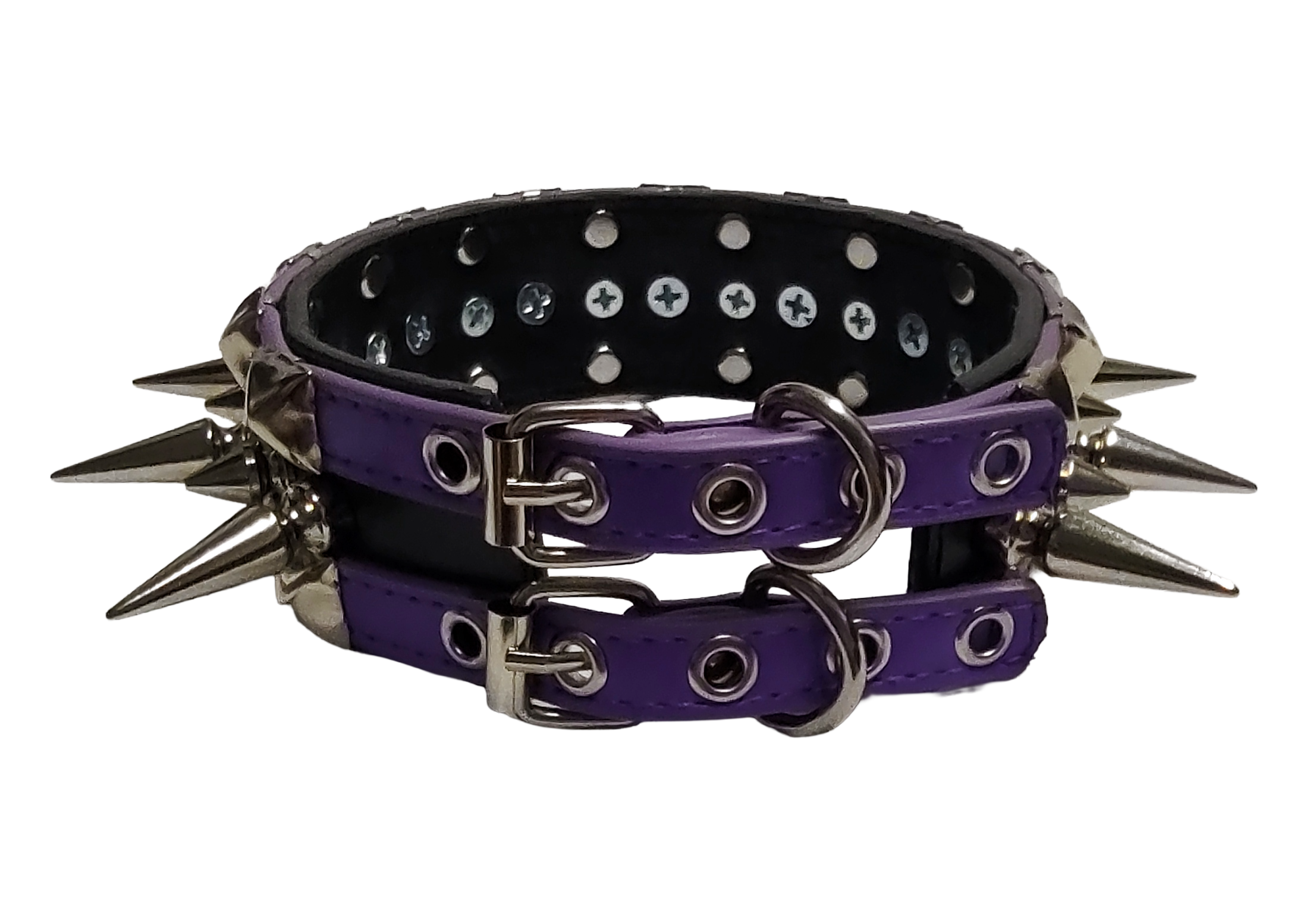 Purple and black faux leather wide alternating spike and pyramid studded collar back view