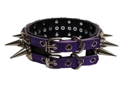 Purple and black faux leather wide alternating spike and pyramid studded collar back view
