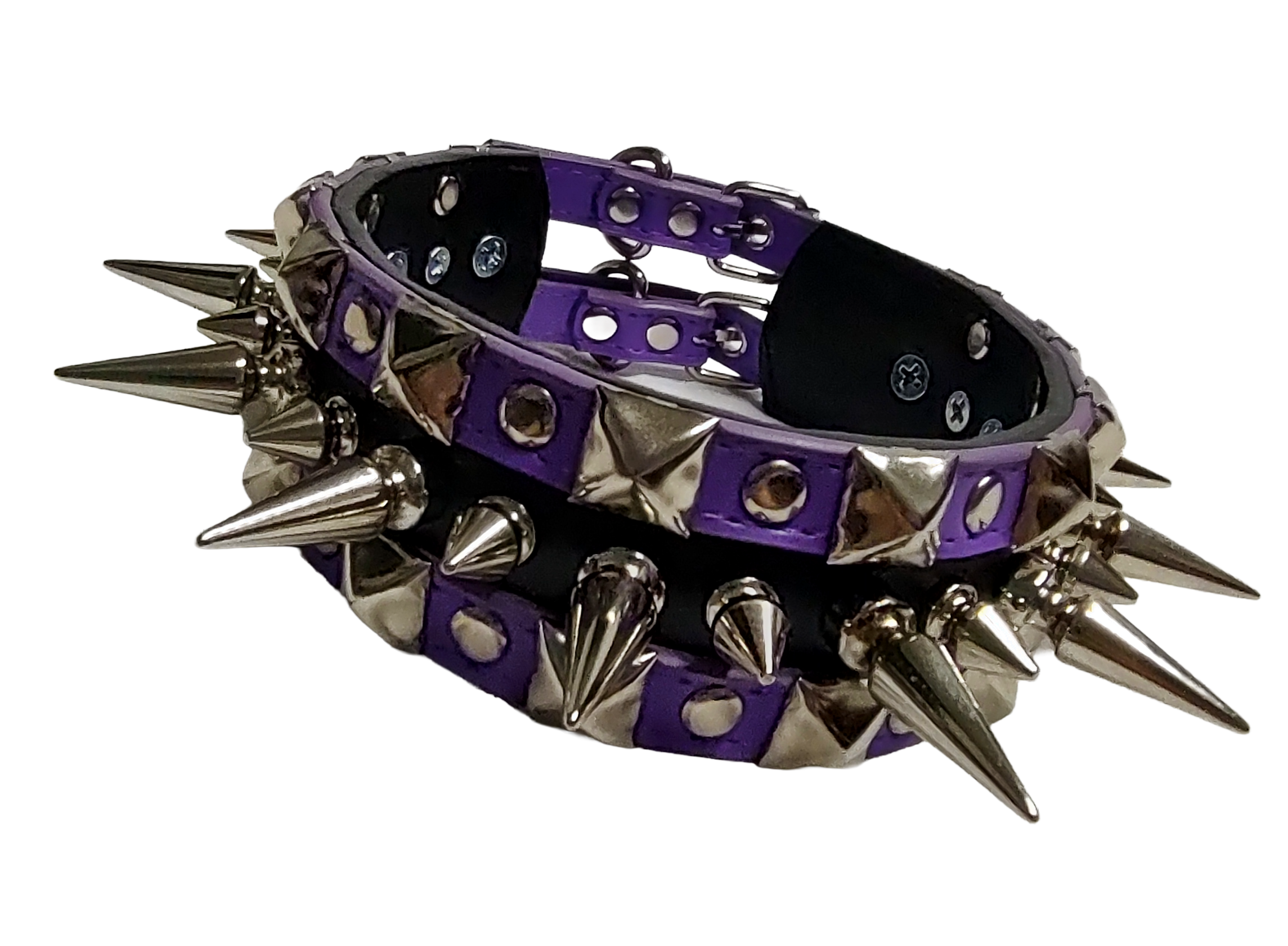 Purple and black faux leather wide alternating spike and pyramid studded collar Front view