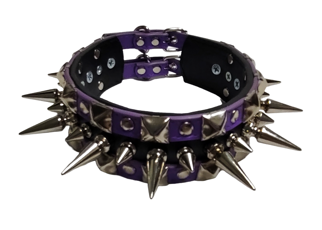 Purple and black faux leather wide alternating spike and pyramid studded collar top front view