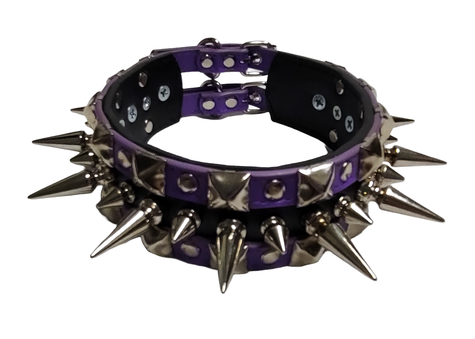 Purple and black faux leather wide alternating spike and pyramid studded collar top front view
