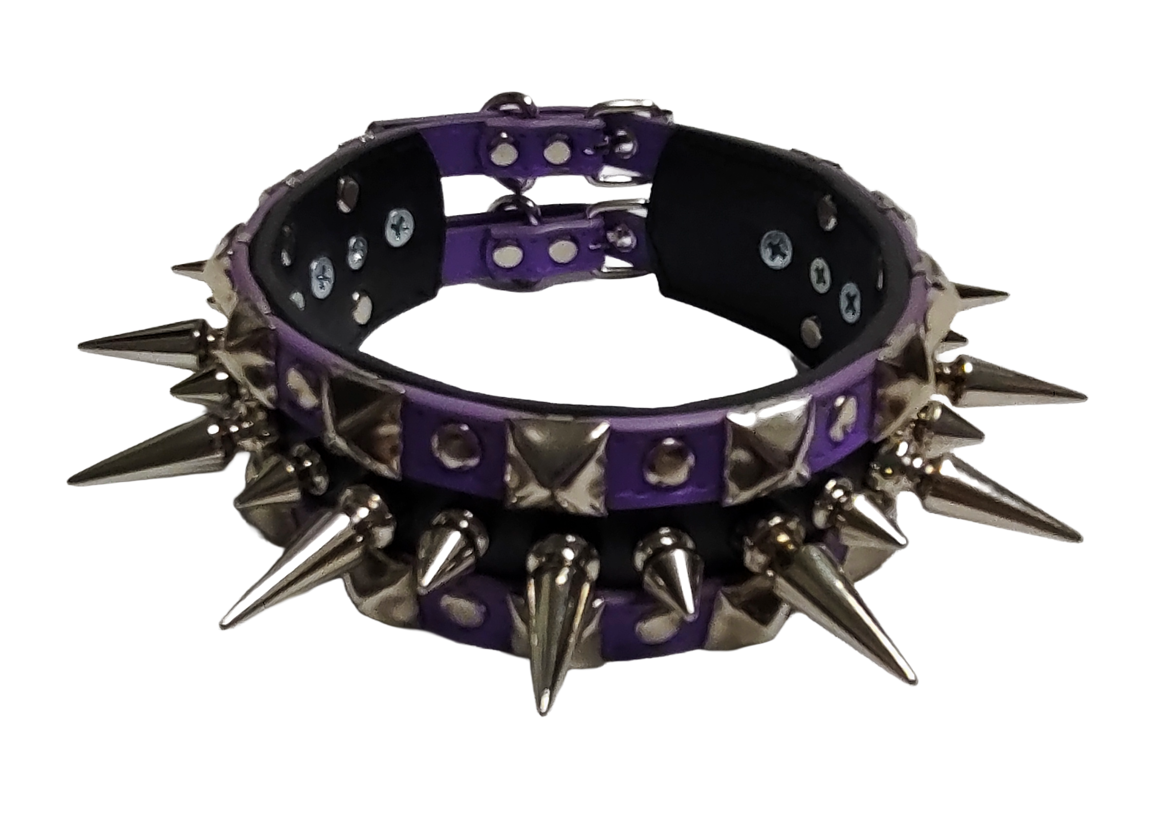 Purple and black faux leather wide alternating spike and pyramid studded collar top front view