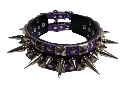 Purple and black faux leather wide alternating spike and pyramid studded collar top front view