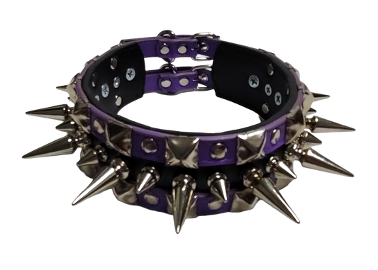 Purple and black faux leather wide alternating spike and pyramid studded collar top front view