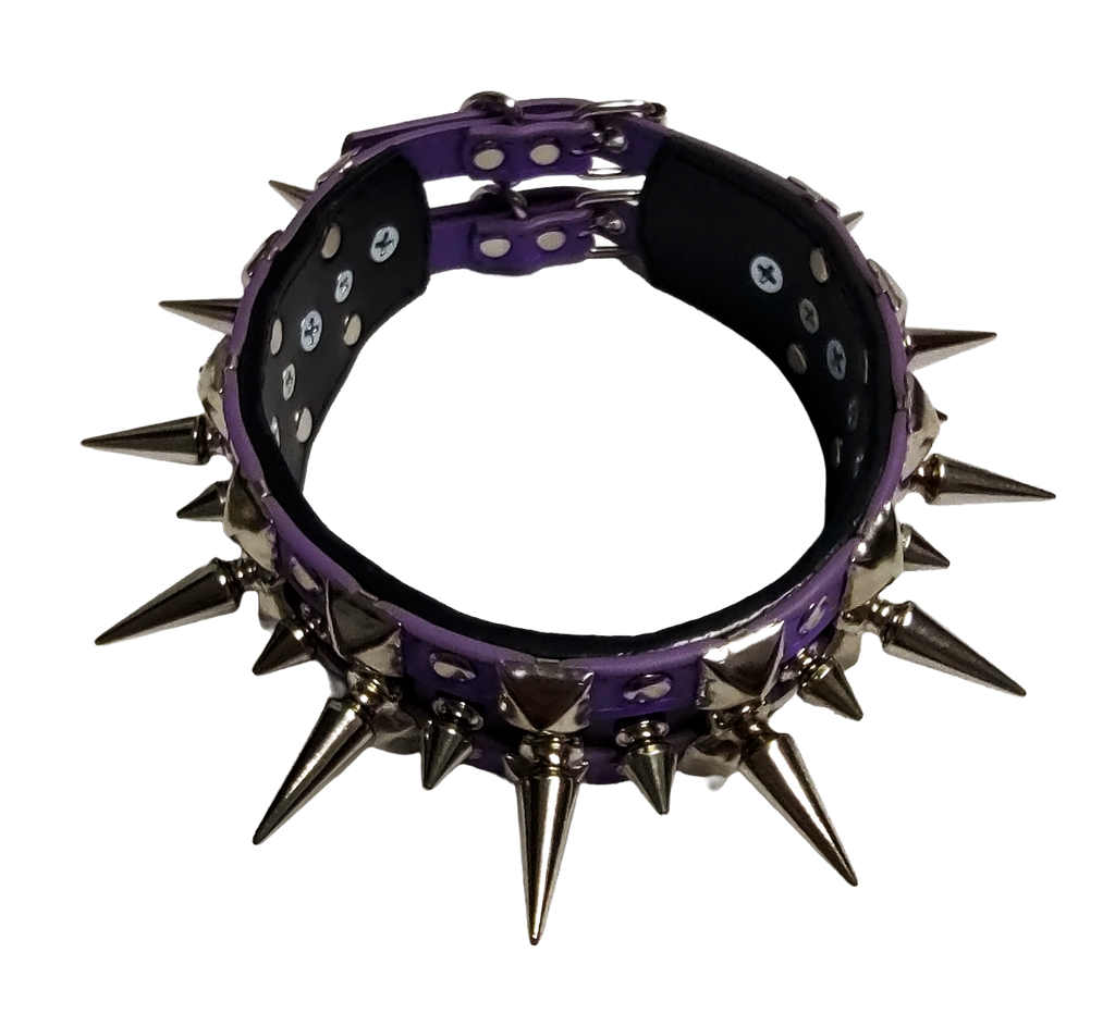 Purple and black faux leather wide alternating spike and pyramid studded collar top view