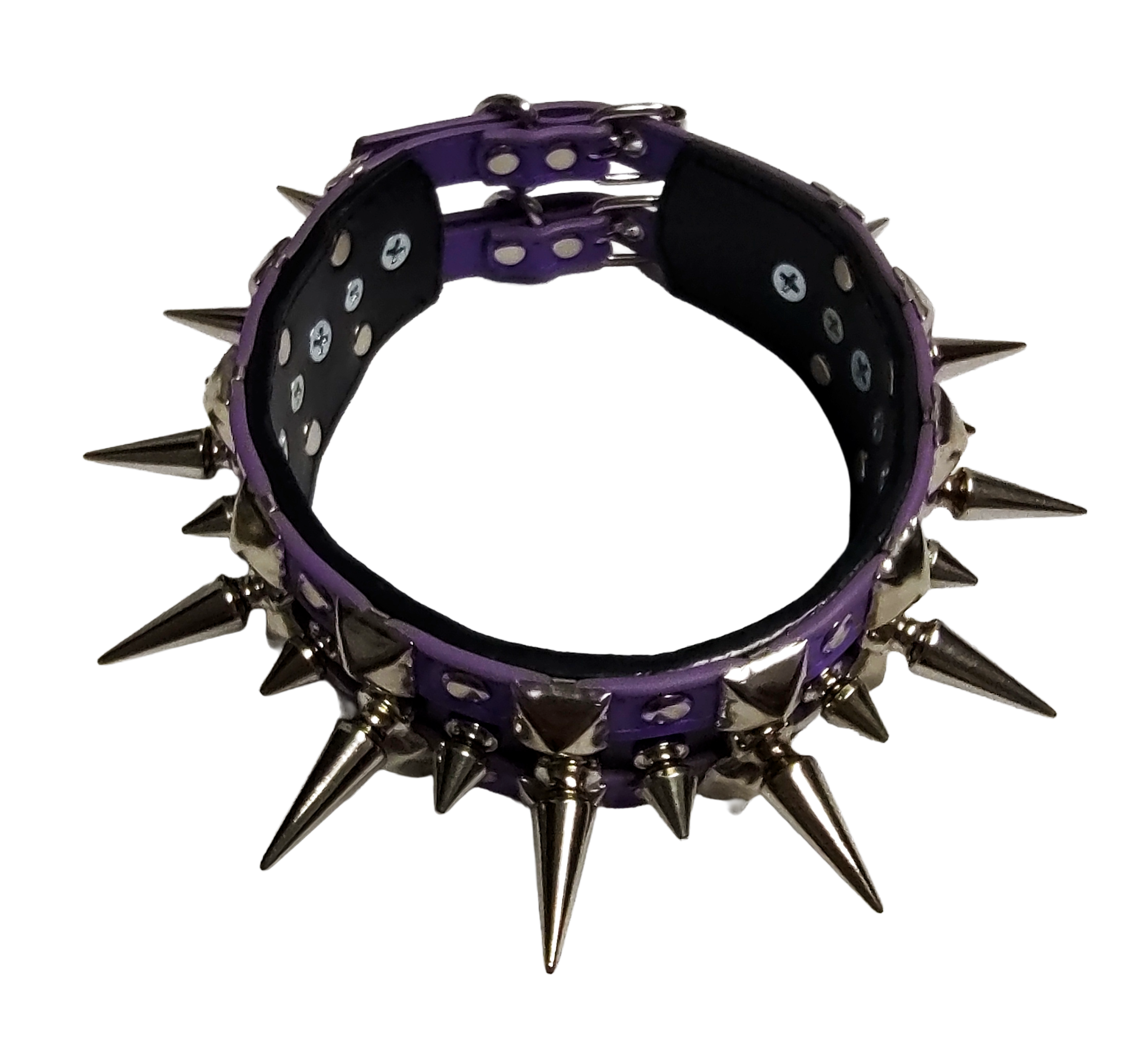 Purple and black faux leather wide alternating spike and pyramid studded collar top view