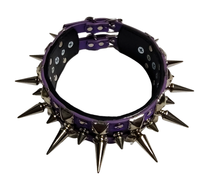 Purple and black faux leather wide alternating spike and pyramid studded collar top view