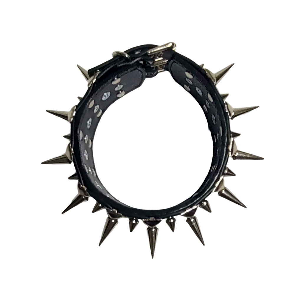 Black faux leather collar with alternating spikes and pyramid studs top view