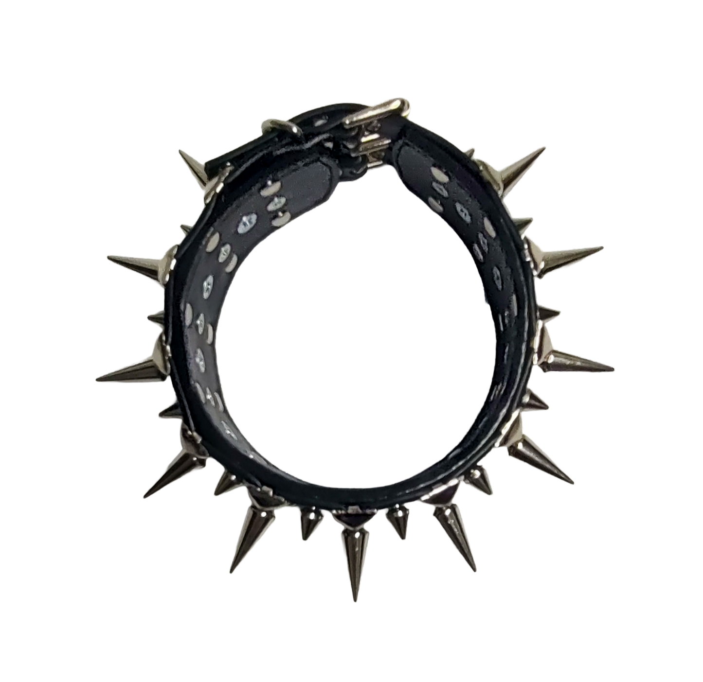 Black faux leather collar with alternating spikes and pyramid studs top view