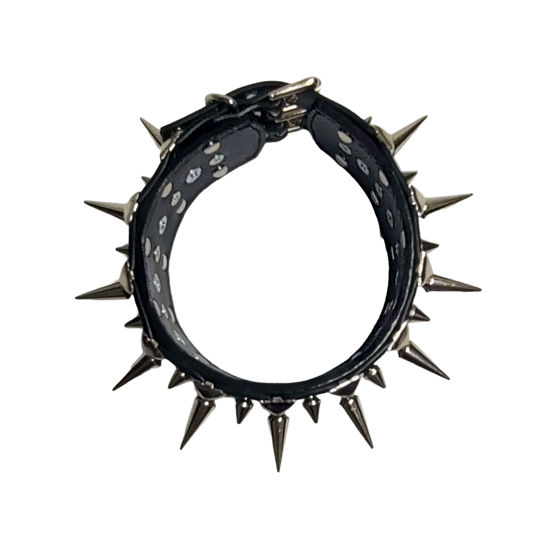 Black faux leather collar with alternating spikes and pyramid studs top view