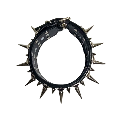 Black faux leather collar with alternating spikes and pyramid studs top view