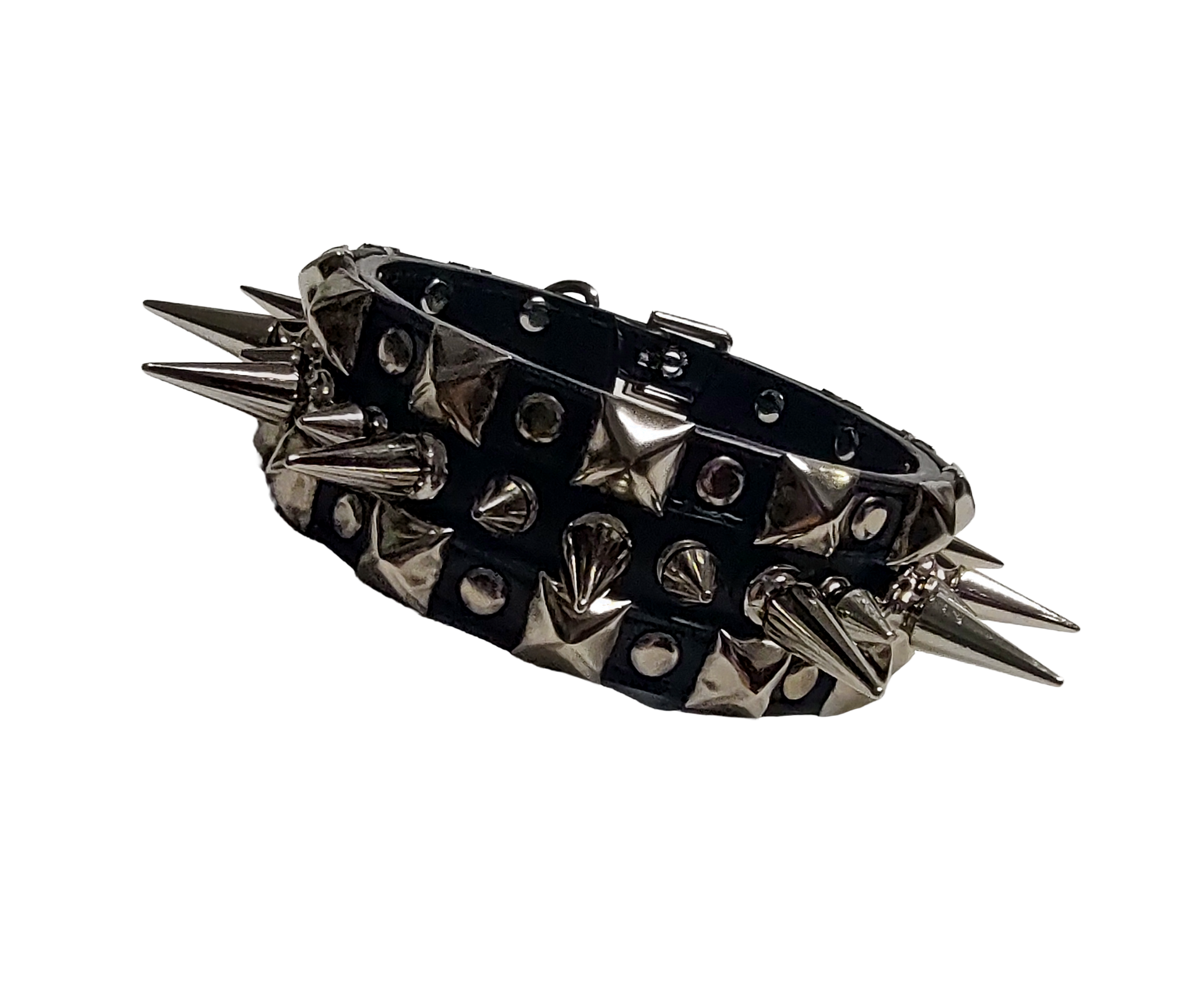 Black faux leather collar with alternating spikes and pyramid studs front view