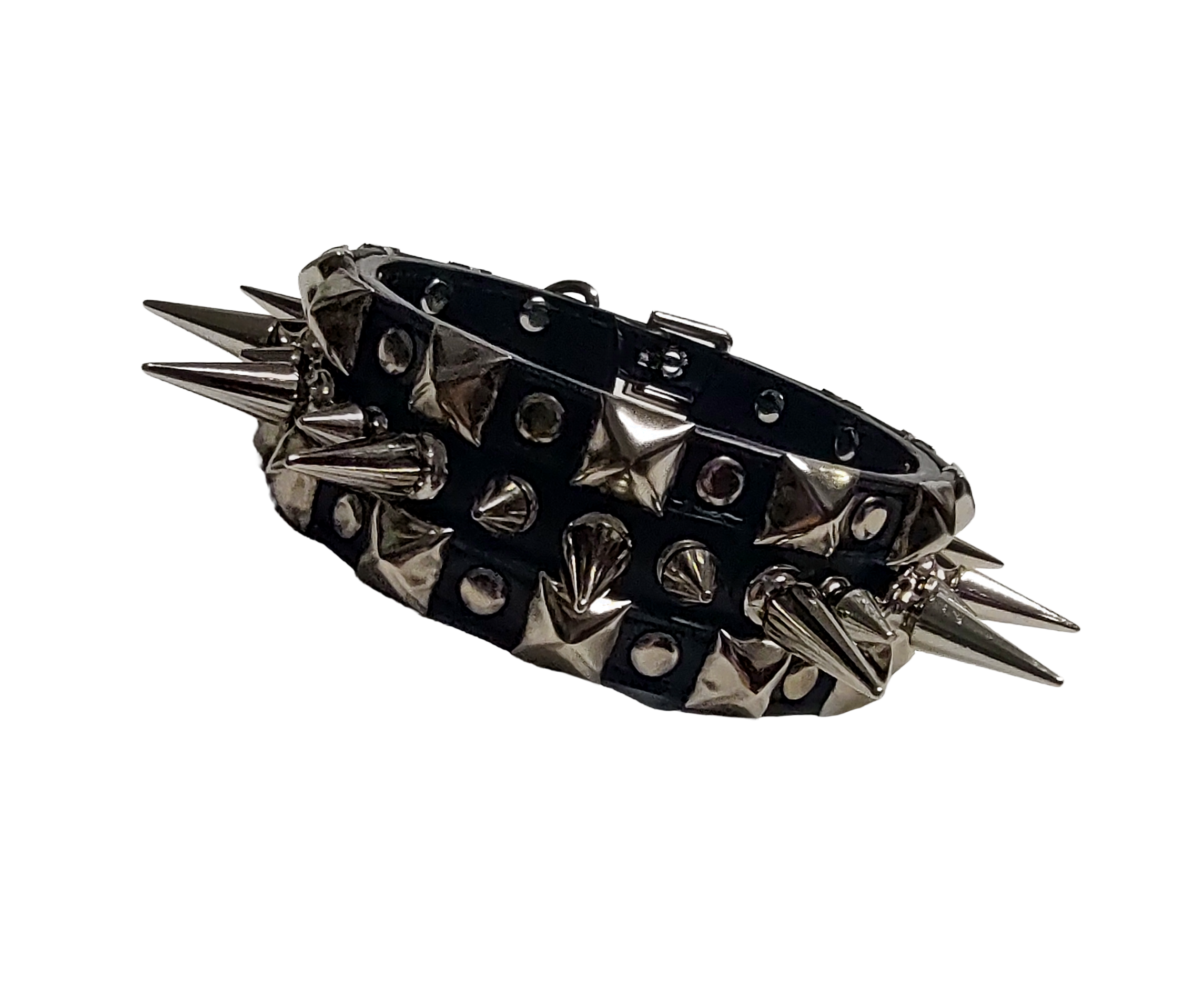 Black faux leather collar with alternating spikes and pyramid studs front view